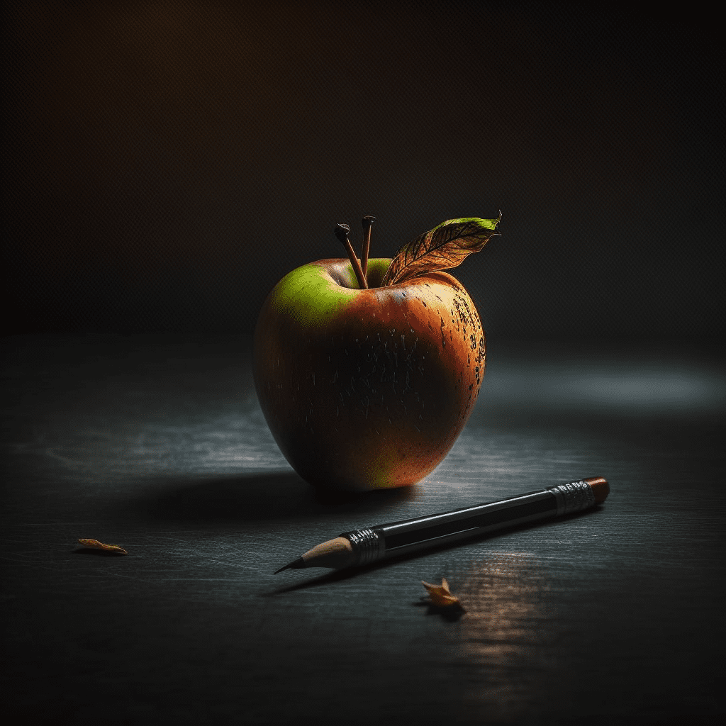 Фотография яблока с ручкой на столе
